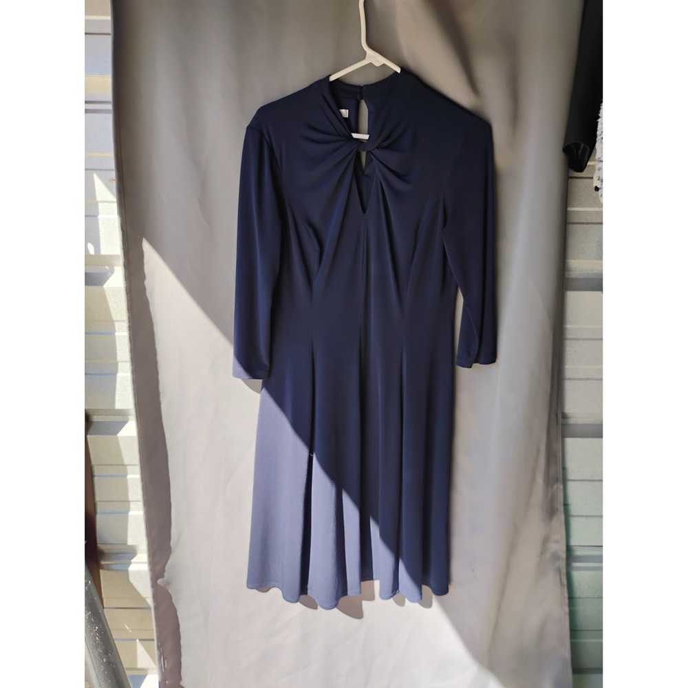 London Times Navy Blue Twist Neck Keyhole Fit and Flare Midi Dress Size 10